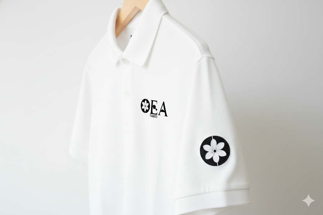 Polo OEA blanc, logo brodé tiaré sur la poitrine et écusson sur la manche